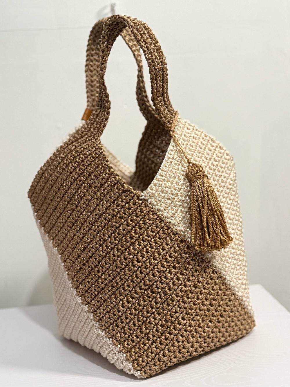 Two-Tone Crochet Tote Bag in Cream and Brown